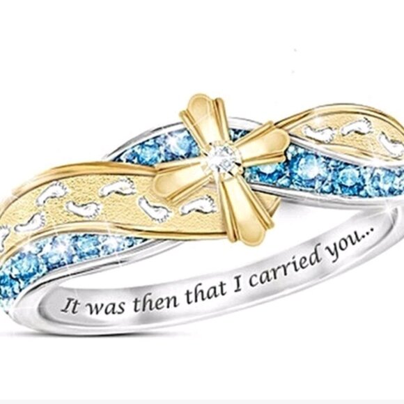 Footprints In The Sand 925 Silver Filled Ring Gold & Blue Accents Cross of Jesus - Picture 8 of 9
